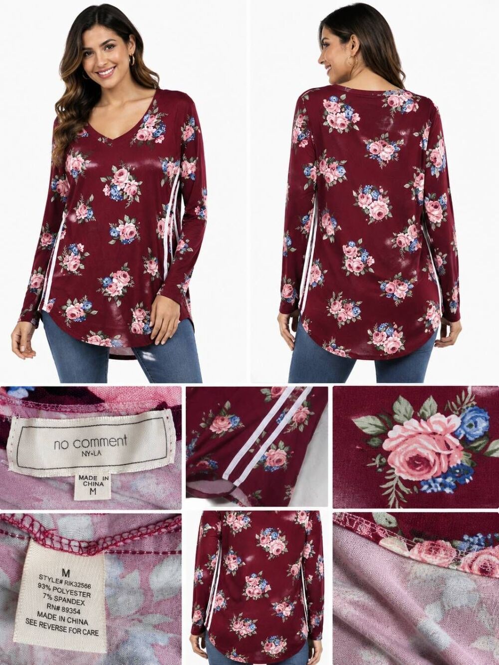 No Comment Womens Floral Long Sleeve Top Maroon M
